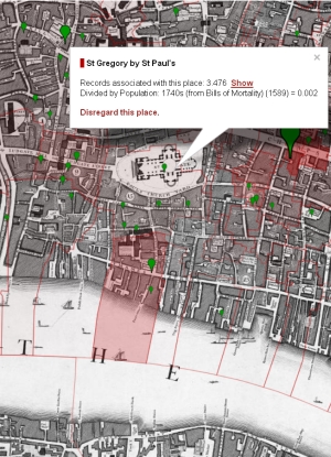 Detail of the area around St Paul's Cathedral indicating crimes tried at the Old Bailey between 1740 and 1749, both in relation to parish population figures, and as balloons for groups of crime locations.