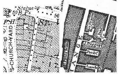 Comparison of the area around north Cheapside on 1st edition O.S. and Rocque maps. On the former the parish boundary is visible as a dotted line, and the alleys and property boundaries clearly delineated.