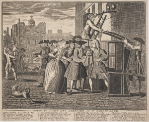 The progress of a rake, exemplified in the Adventures of Ramble Gripe Esq son of Sir Positive Gripe / Going to court he's arrested at St. James's Gate (1735)]].  © Trustees of the British Museum.