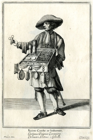 'Knives combs or inkhornes', from the 'Cries of London' (1688).  © Trustees of the British Museum.